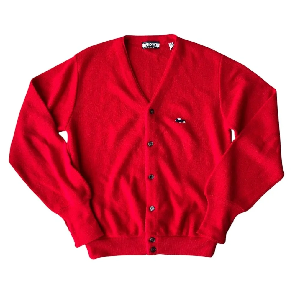Vintage Izod Lacoste Red Cardigan Sweater Mens Medium Orlon Acrylic V-Neck Logo